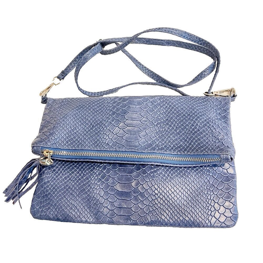 Vimoda Paris Blue Crossbody Purse Leather Woman S 10.5x7.25" Italy Foldover Chic